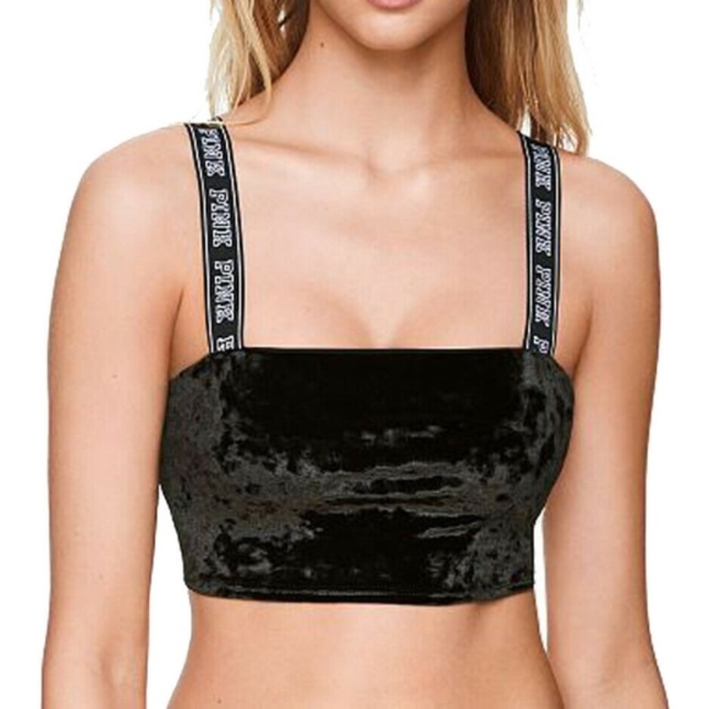 PINK Victoria's Secret Straight Neck Logo Strap Crush Velvet Black Crop Top Sz S